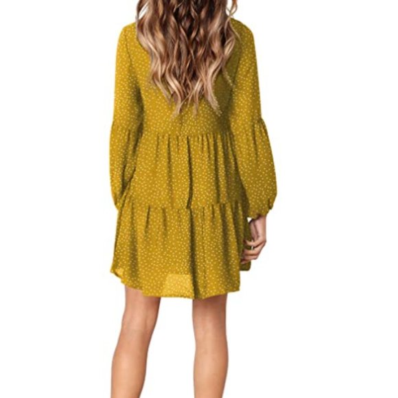 Mustard/yellow polka dot V Neck Casual Loose Flowy - Picture 2 of 2